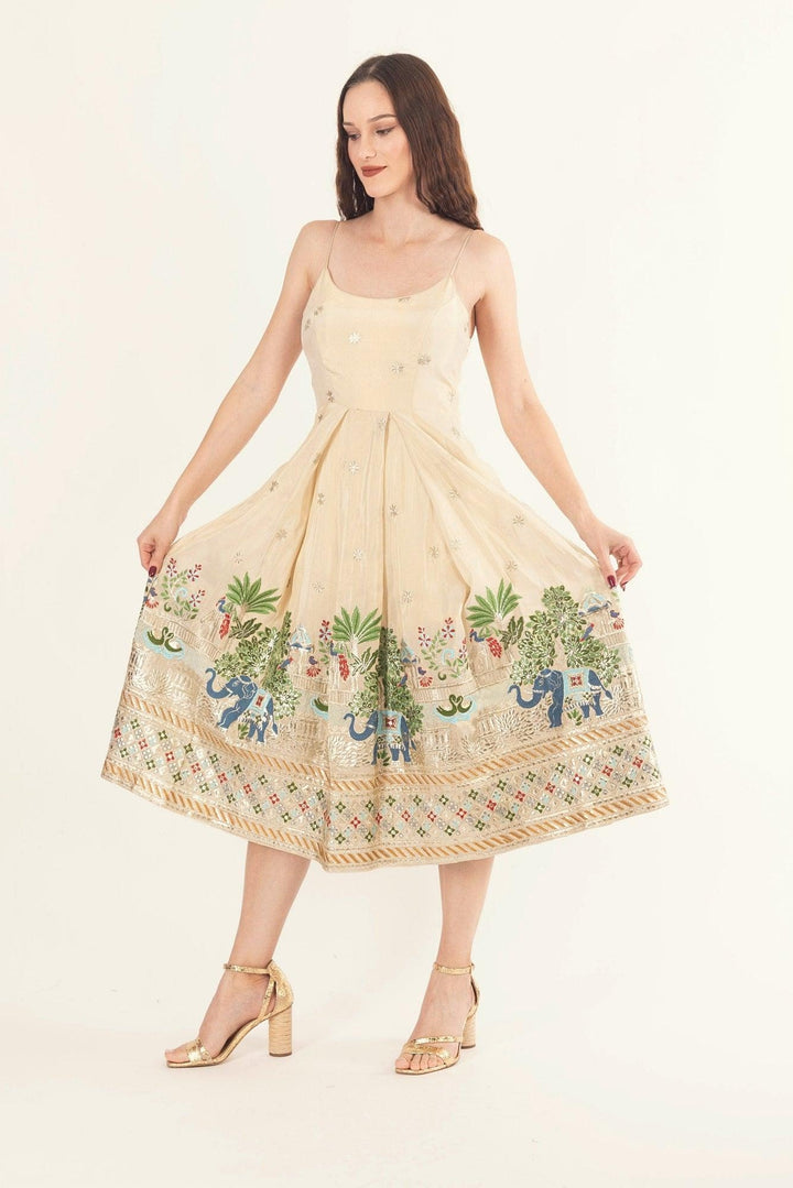 Blanche Beige Midi Dress with Embroidery - Raas