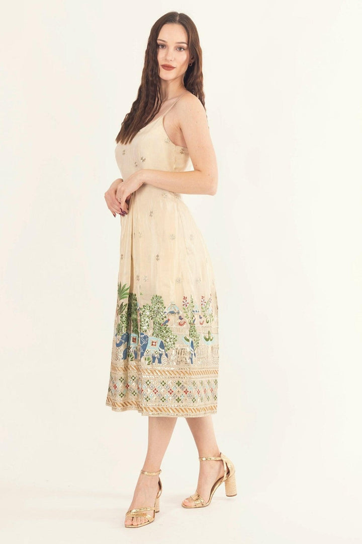 Blanche Beige Midi Dress with Embroidery - Raas