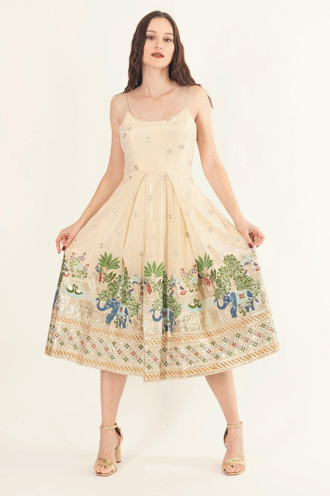 Blanche Beige Midi Dress with Embroidery - Raas