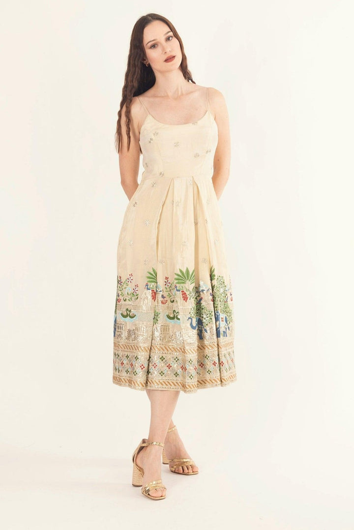Blanche Beige Midi Dress with Embroidery - Raas