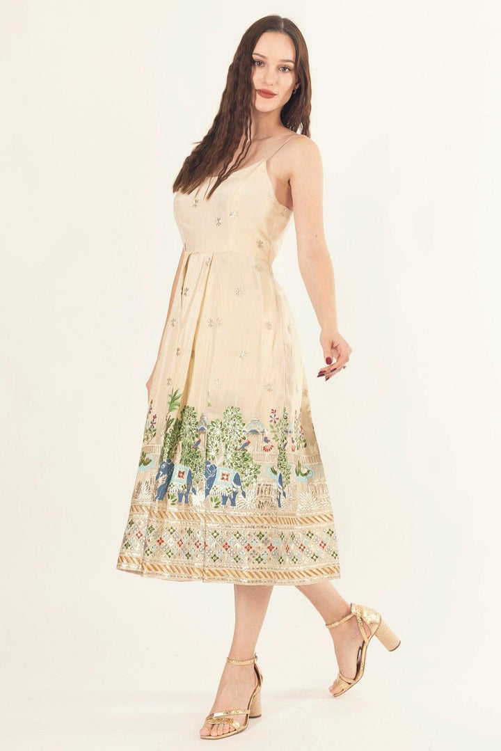 Blanche Beige Midi Dress with Embroidery - Raas