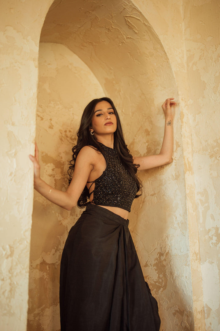 BLR1017 Giada Black Top with Lace Up Open Back - Raas