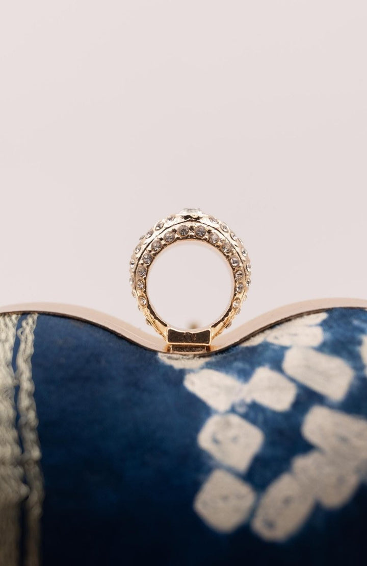 Blue Bandhej Silk Heart Clutch Aara with Gold Chain BAGS RAAS