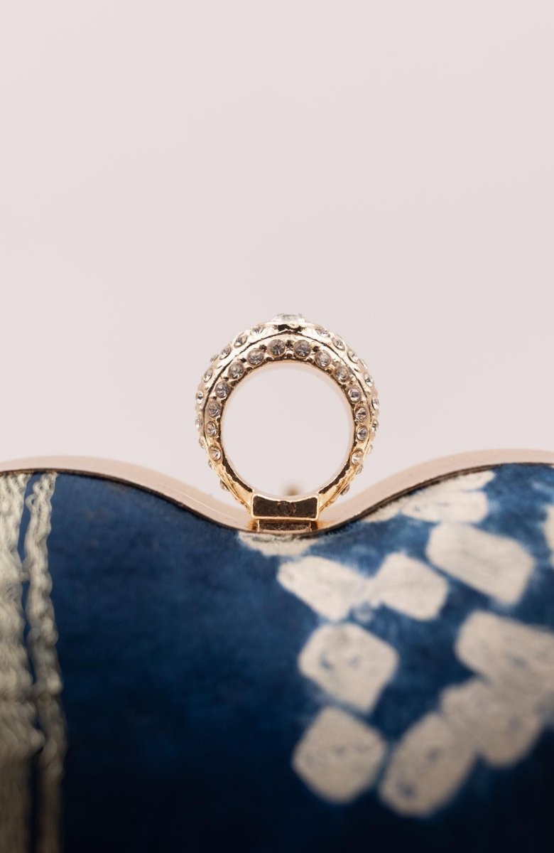 Blue Bandhej Silk Heart Clutch Aara with Gold Chain BAGS RAAS
