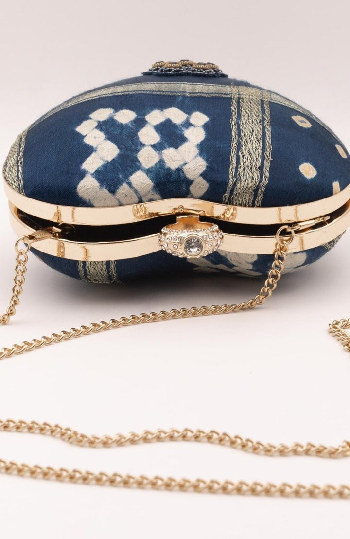 Blue Bandhej Silk Heart Clutch Aara with Gold Chain BAGS RAAS