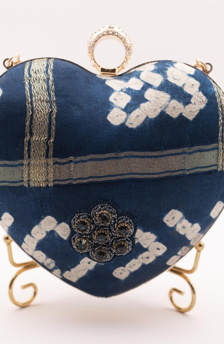 Blue Bandhej Silk Heart Clutch Aara with Gold Chain BAGS RAAS