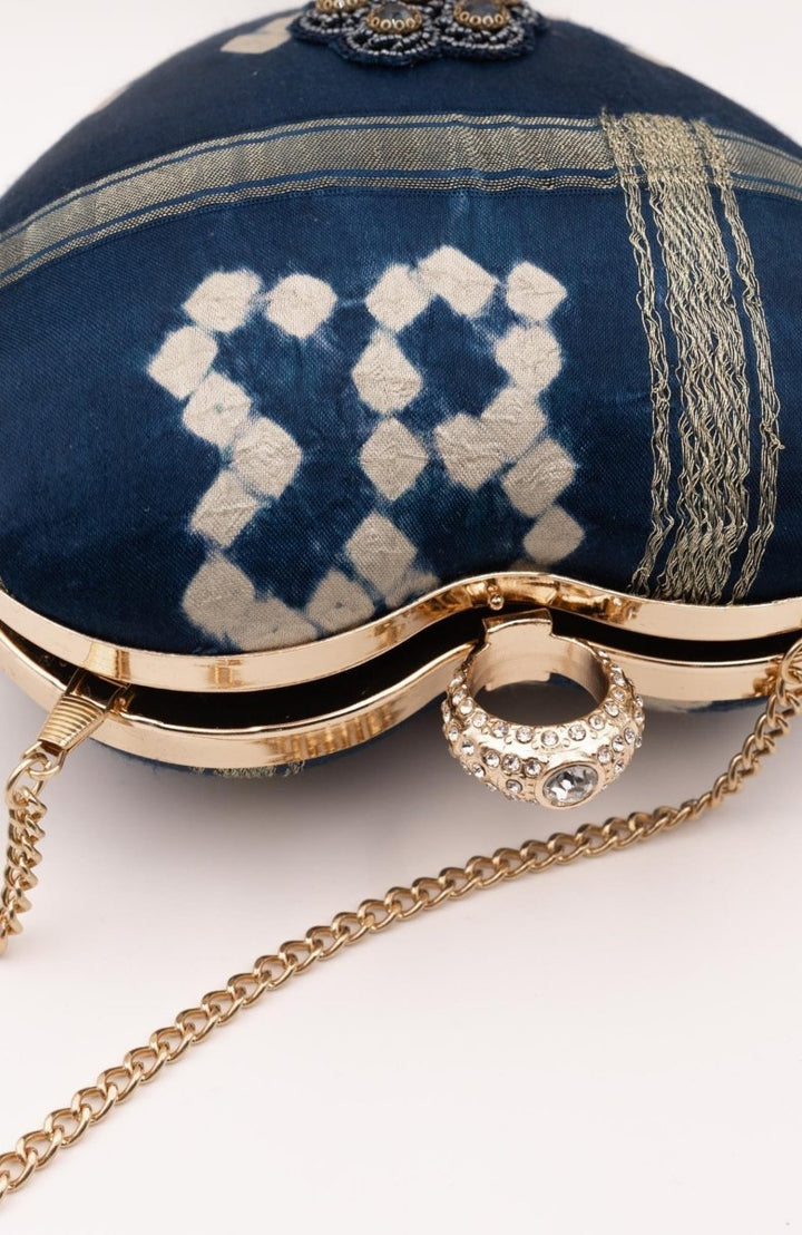 Blue Bandhej Silk Heart Clutch Aara with Gold Chain BAGS RAAS