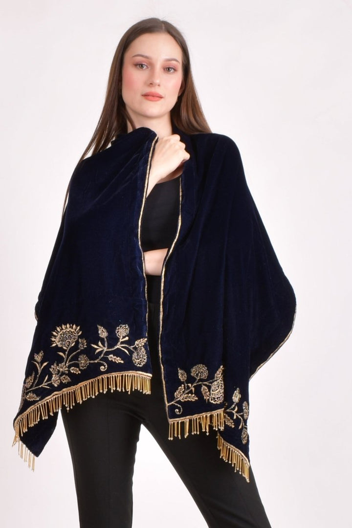 Blue Hand Embroidered Velvet Scarf scarves & stoles RAAS