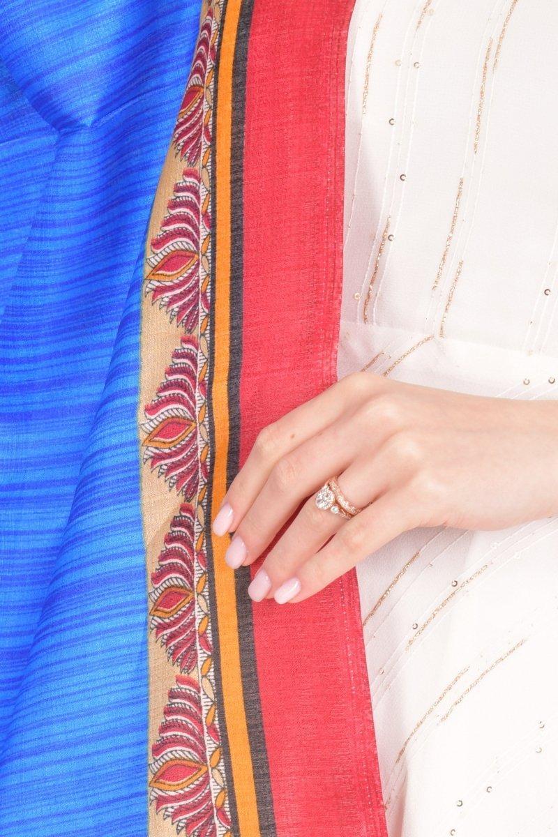 Blue Printed Border Dupatta With Tassels RAAS