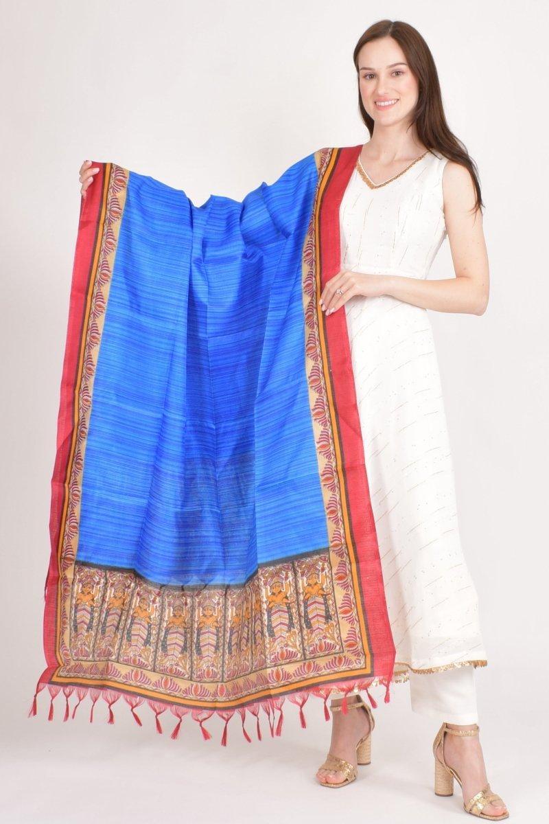 Blue Printed Border Dupatta With Tassels RAAS