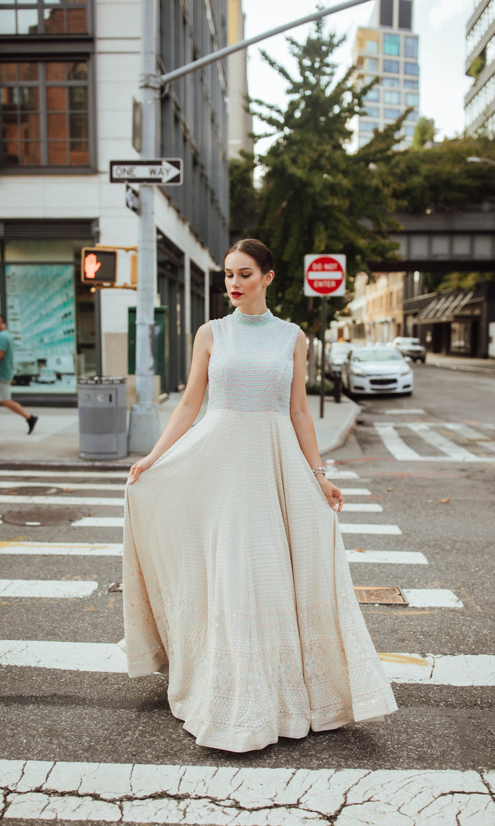 Manya Gown Dress with all over chikankari embroidery and hand embroidered torso