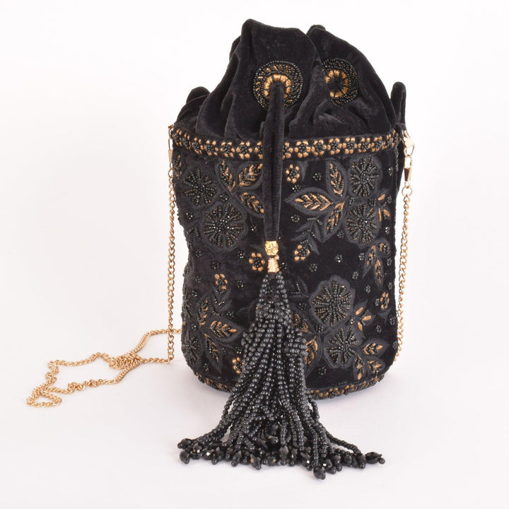 Brielle Black Floral Embroidered Bucket Bag - Raas