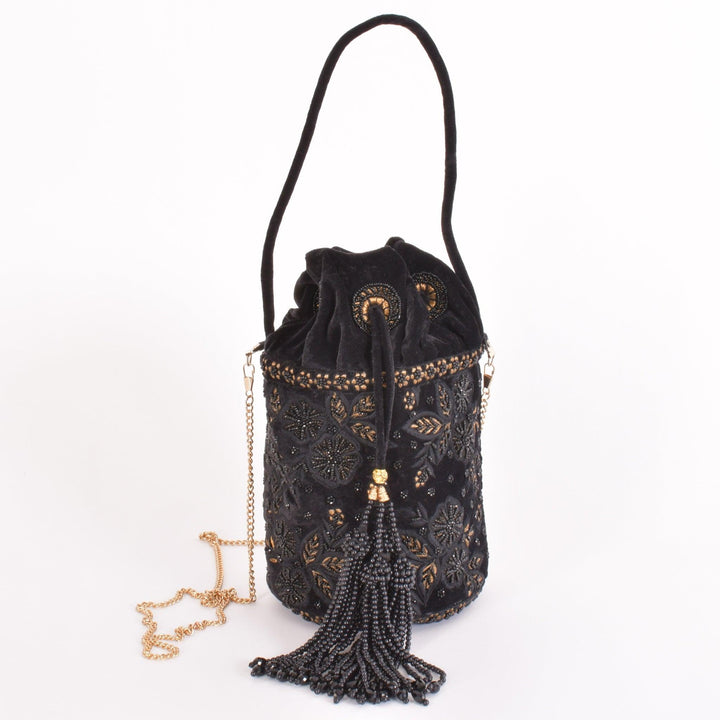 Brielle Black Floral Embroidered Bucket Bag - Raas