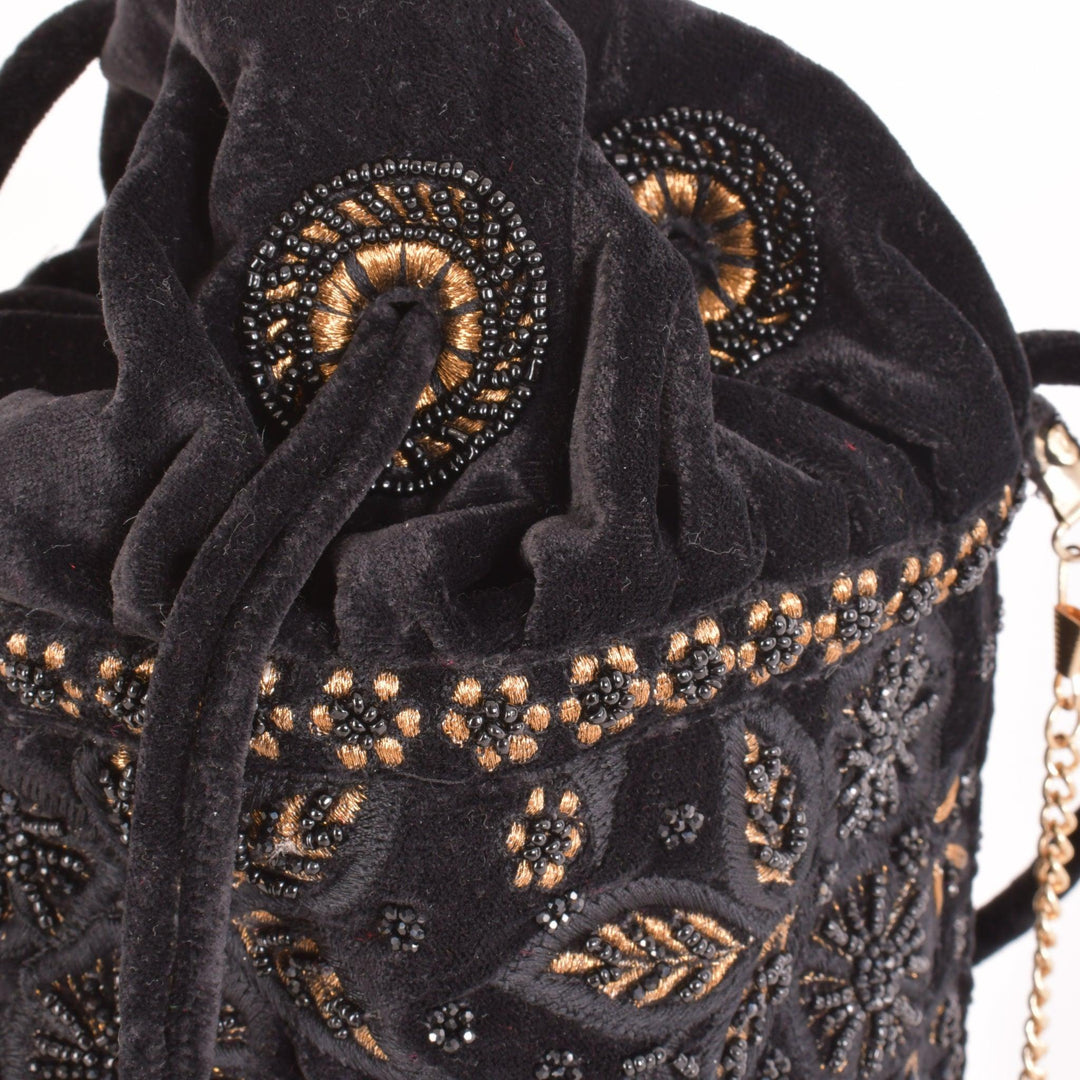Brielle Black Floral Embroidered Bucket Bag - Raas
