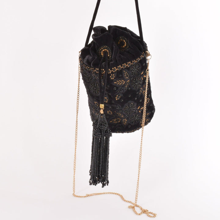 Brielle Black Floral Embroidered Bucket Bag - Raas