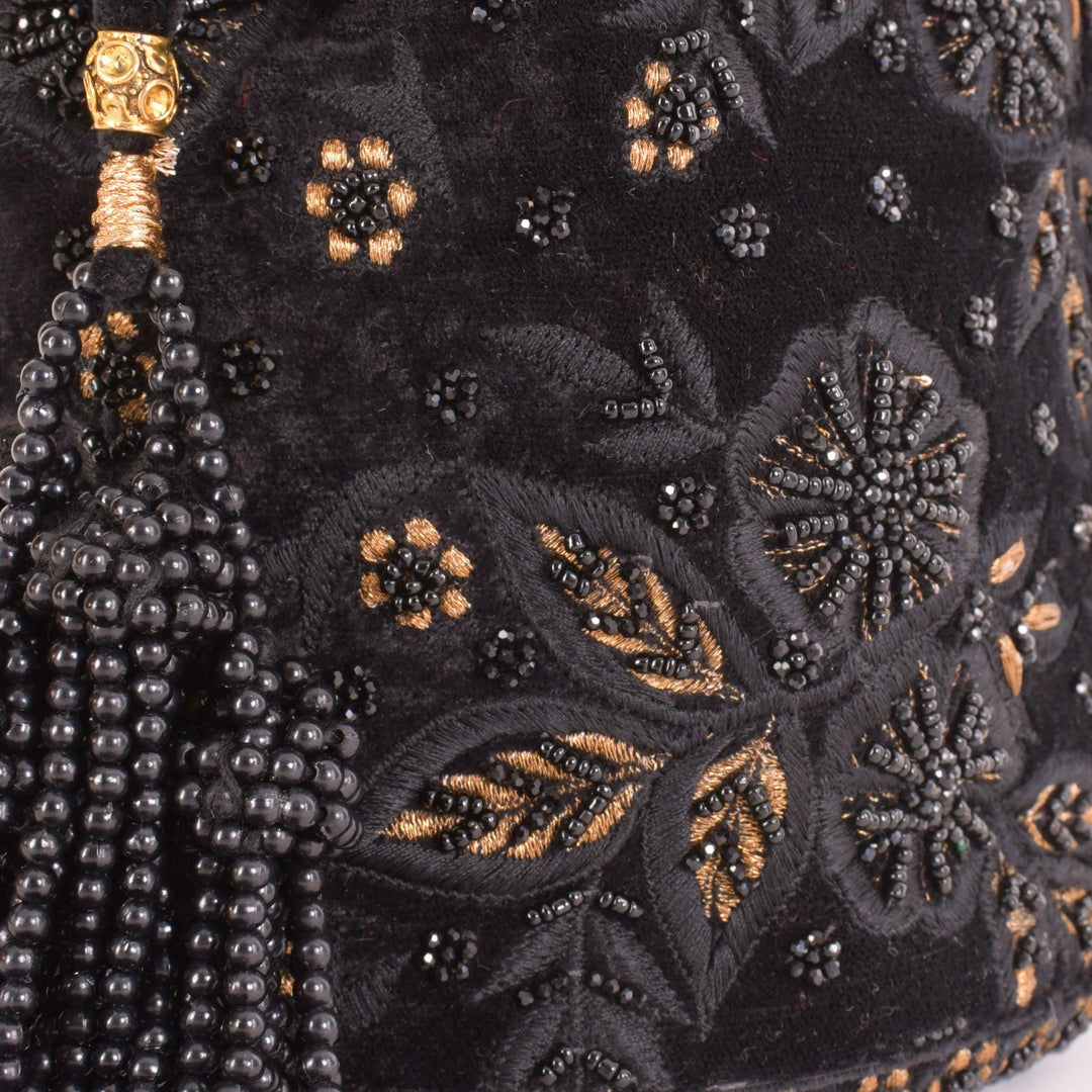 Brielle Black Floral Embroidered Bucket Bag - Raas