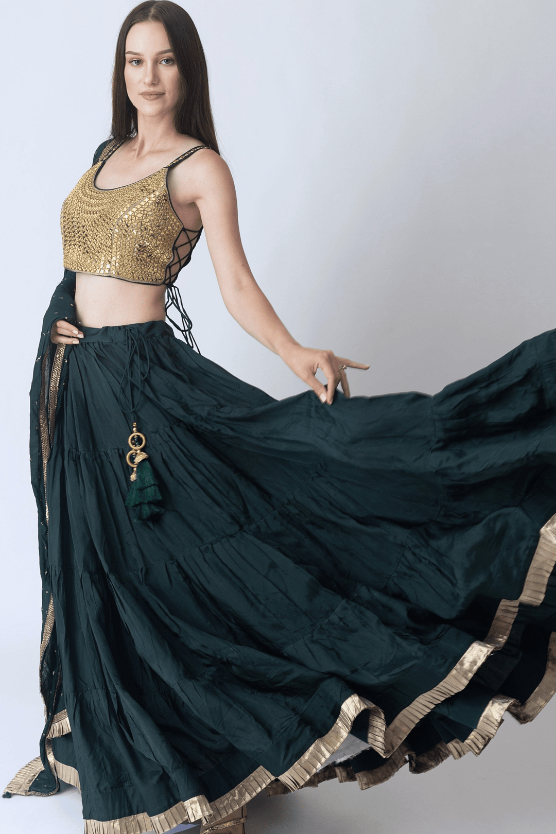 Camila Green and Gold Lehenga Choli Set with Mirror Work Blouse - Raas