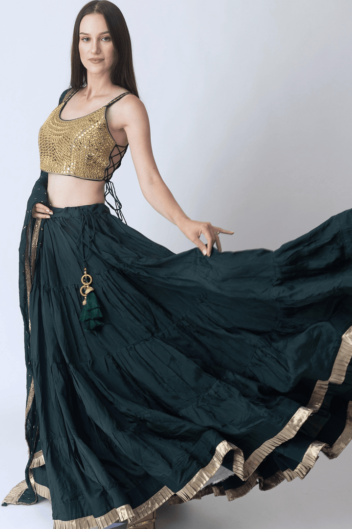 Camila Green and Gold Lehenga Choli Set with Mirror Work Blouse - Raas
