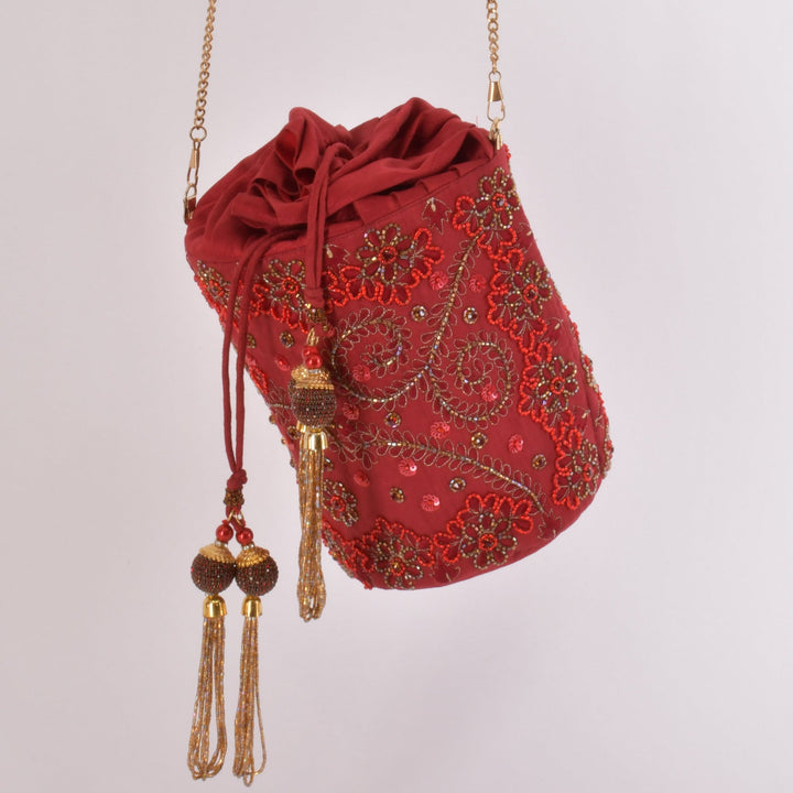 Carmella Red & Gold Embroidered Bucket Bag