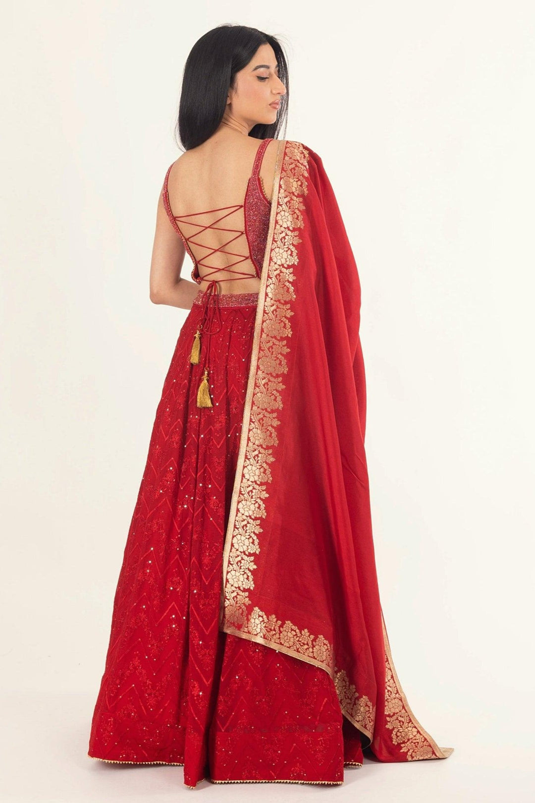 Carmella Red Lehenga Choli Set with Sequins Embroidery - Raas
