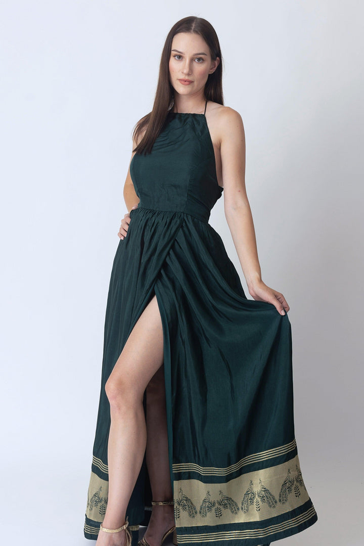 Ceres Green Dress with Jacquard Hem - Raas