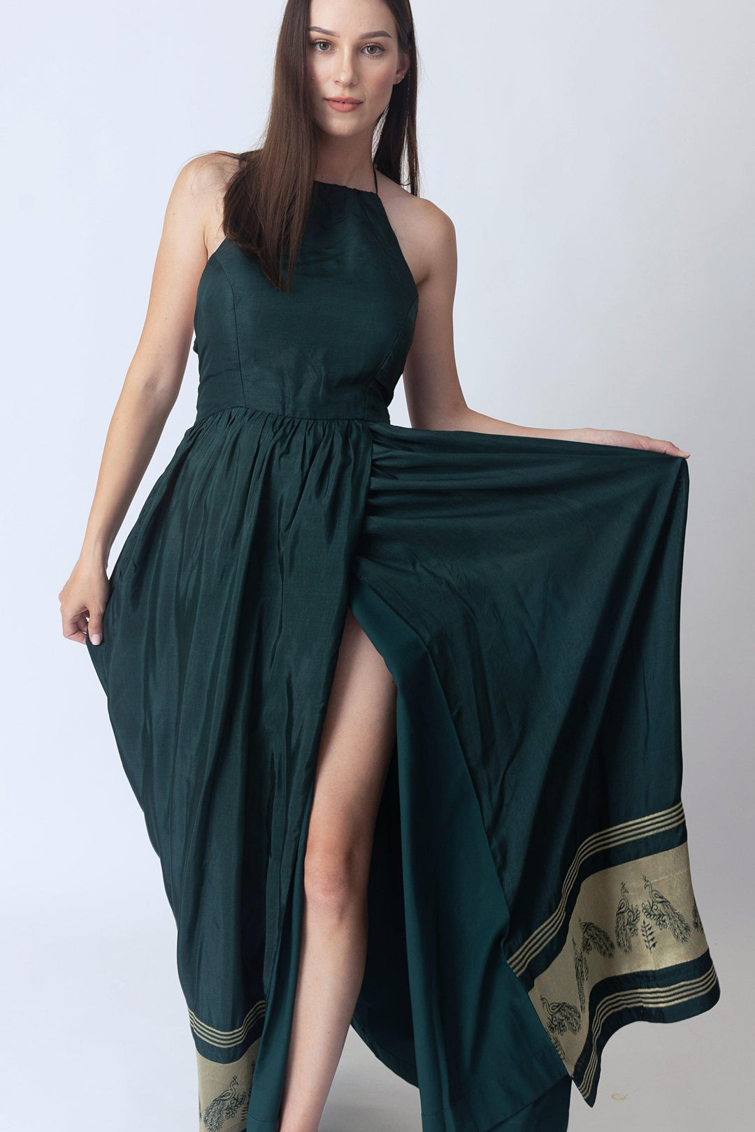 Ceres Green Dress with Jacquard Hem - Raas