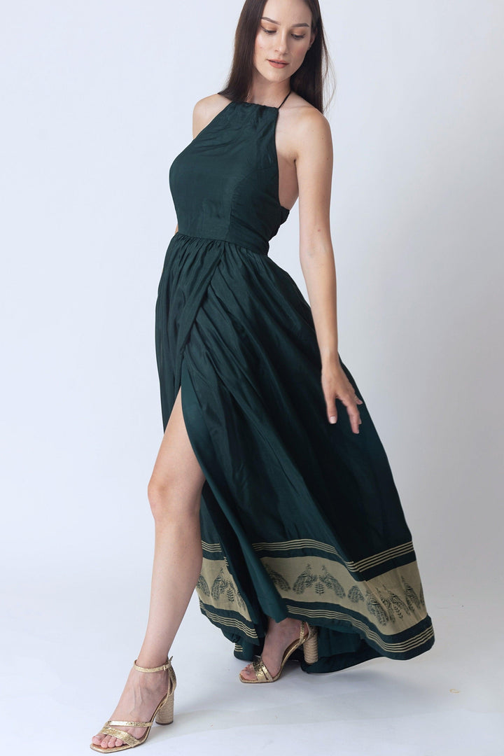 Ceres Green Dress with Jacquard Hem - Raas