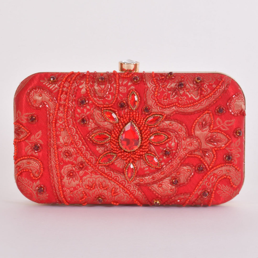 Cerise Hand Embroidered Pearl Red Clutch - Raas