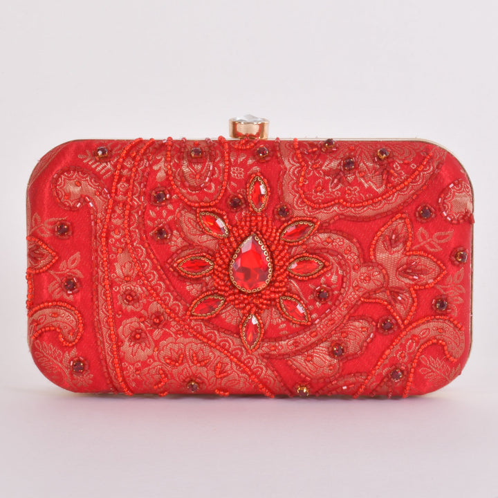 Cerise Hand Embroidered Pearl Red Clutch - Raas