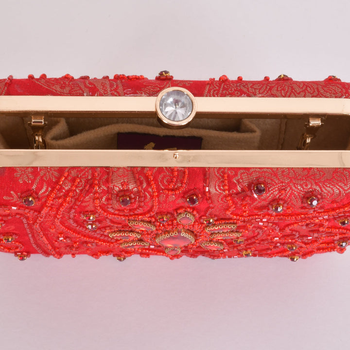 Cerise Hand Embroidered Pearl Red Clutch - Raas