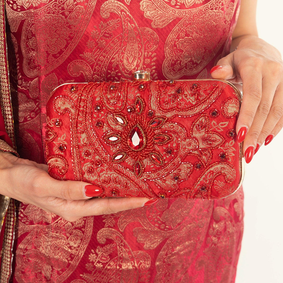 Cerise Hand Embroidered Pearl Red Clutch - Raas