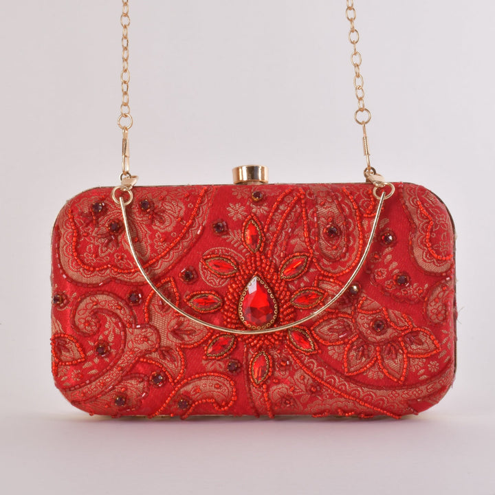 Cerise Hand Embroidered Pearl Red Clutch - Raas