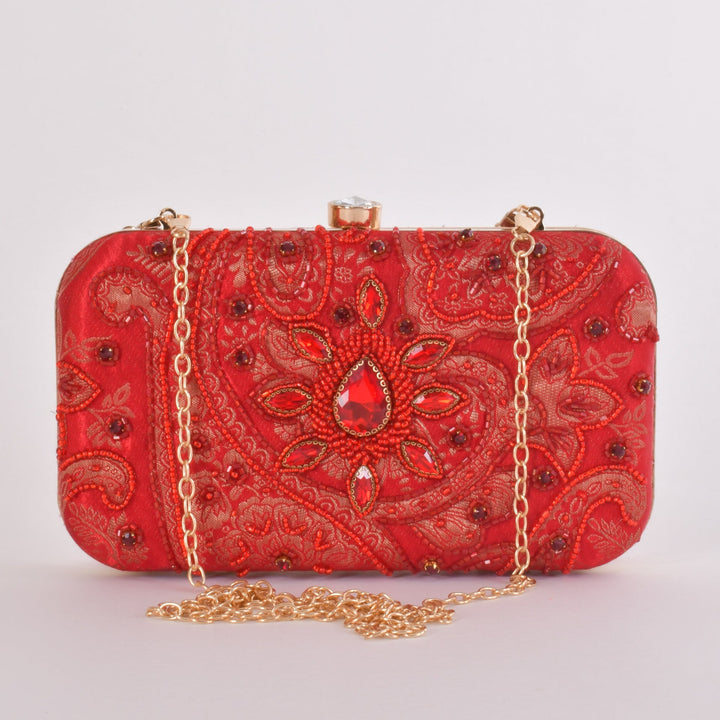 Cerise Hand Embroidered Pearl Red Clutch - Raas
