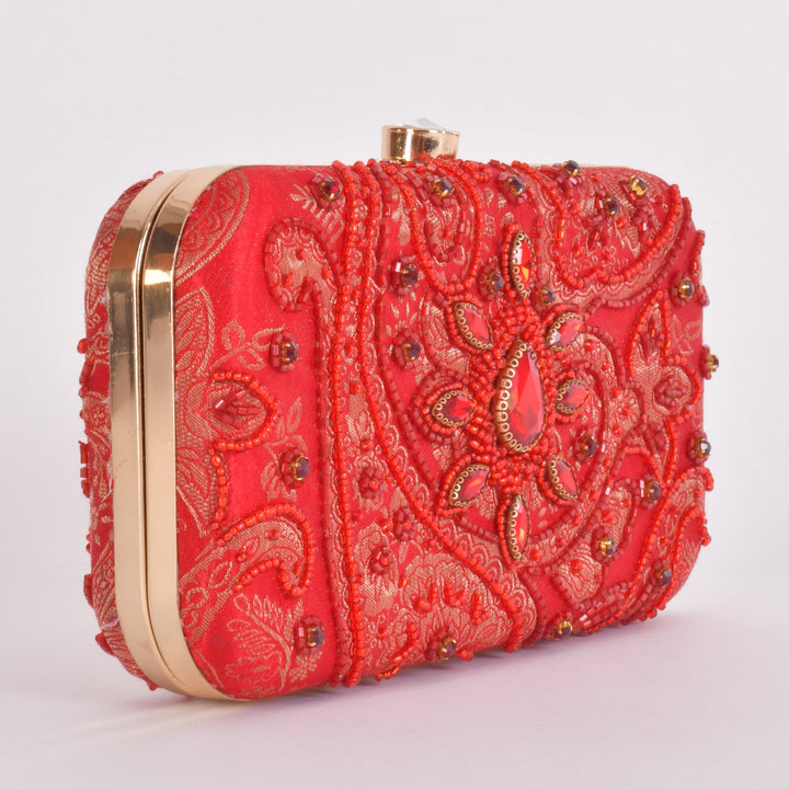 Cerise Hand Embroidered Pearl Red Clutch - Raas