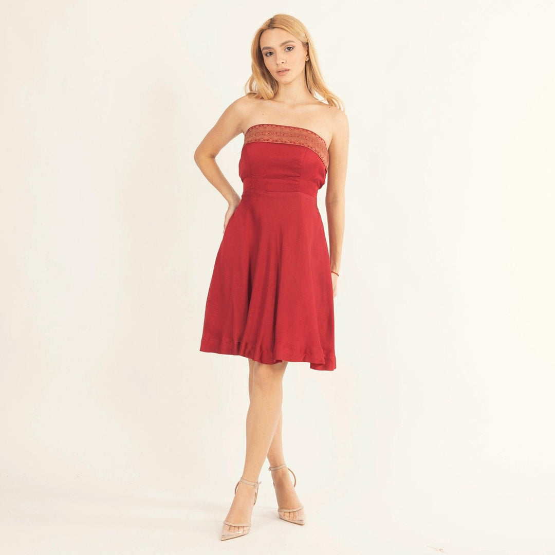 Cerise Red Strapless Dress with Jacquard Weaving - Raas