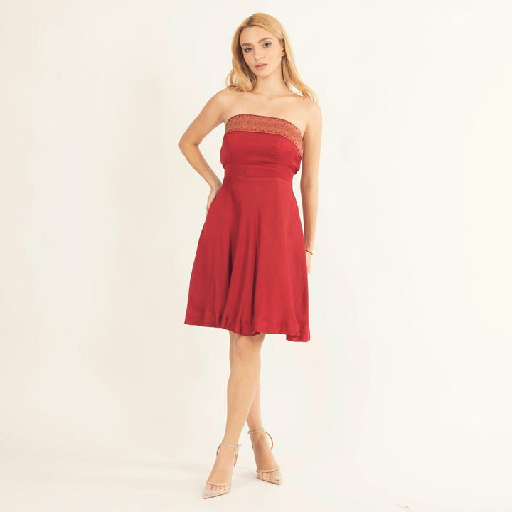 Cerise Red Strapless Dress with Jacquard Weaving - Raas