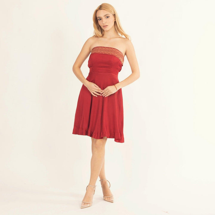 Cerise Red Strapless Dress with Jacquard Weaving - Raas