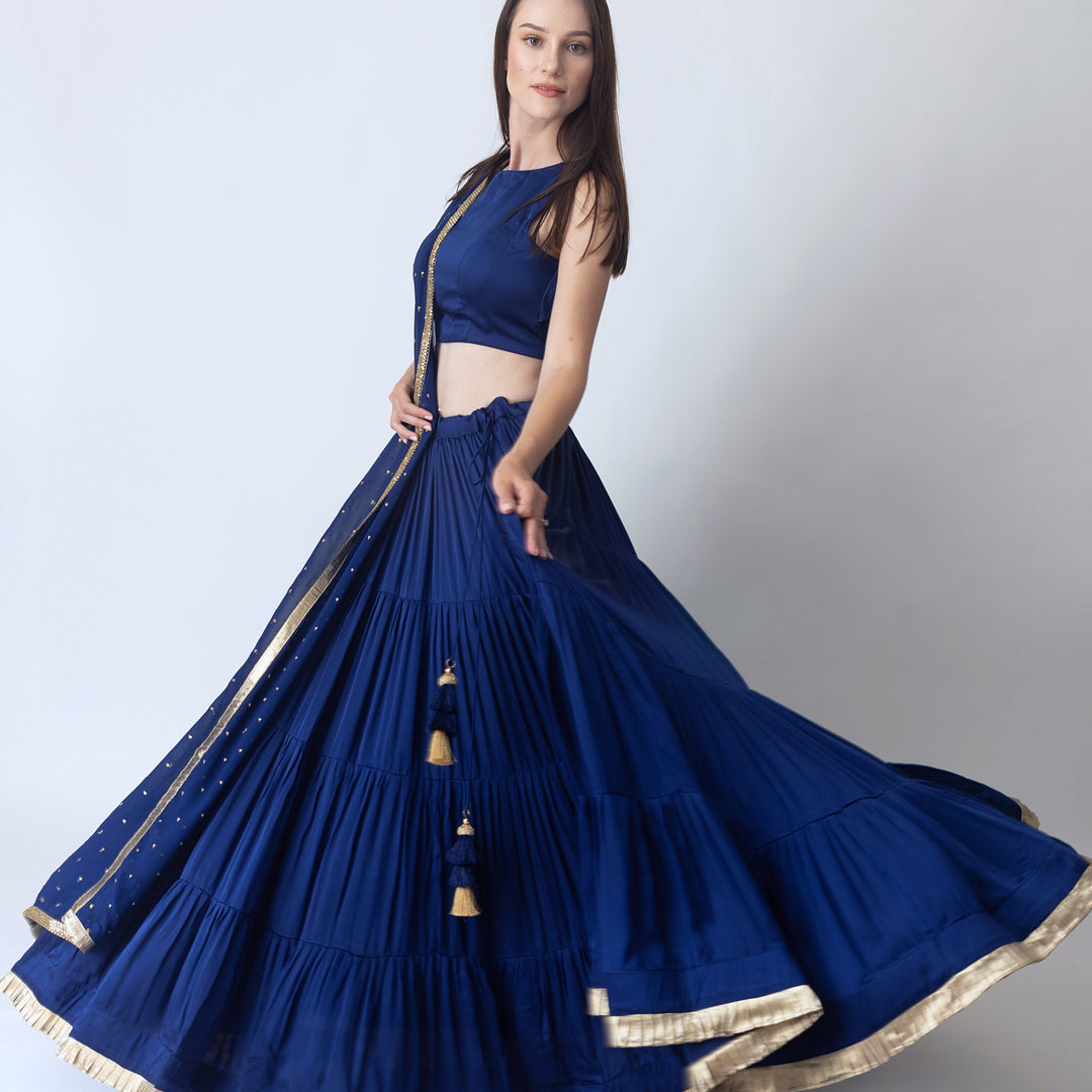 Tori Royal Blue lehenga choli with Gold Trim