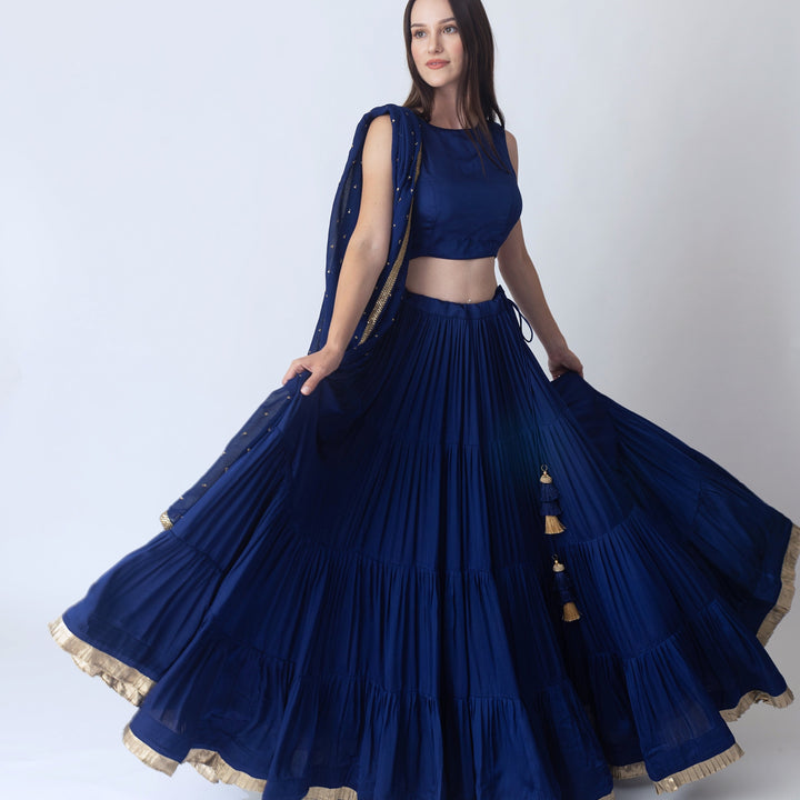 Tori Royal Blue lehenga choli with Gold Trim