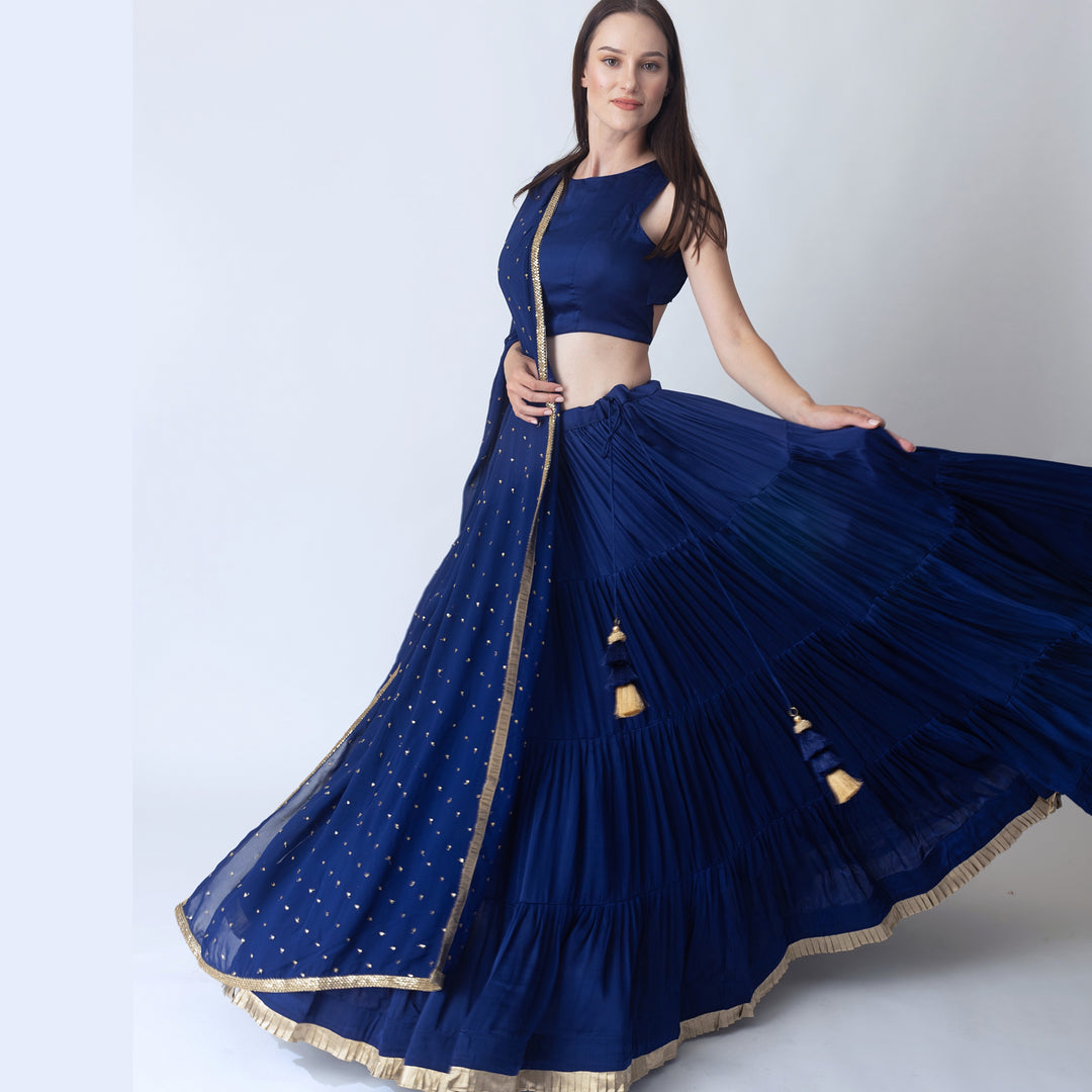 Tori Royal Blue lehenga choli with Gold Trim