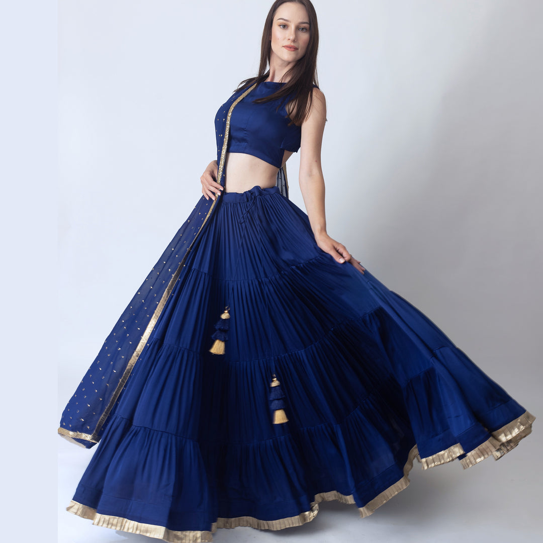 Tori Royal Blue lehenga choli with Gold Trim