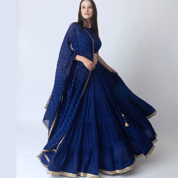 Tori Royal Blue lehenga choli with Gold Trim