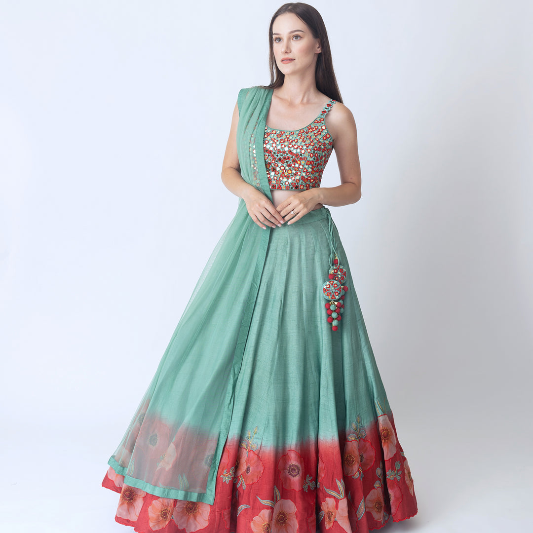 Ava Mint Green Lehenga with Embroidered Blouse and Dupatta