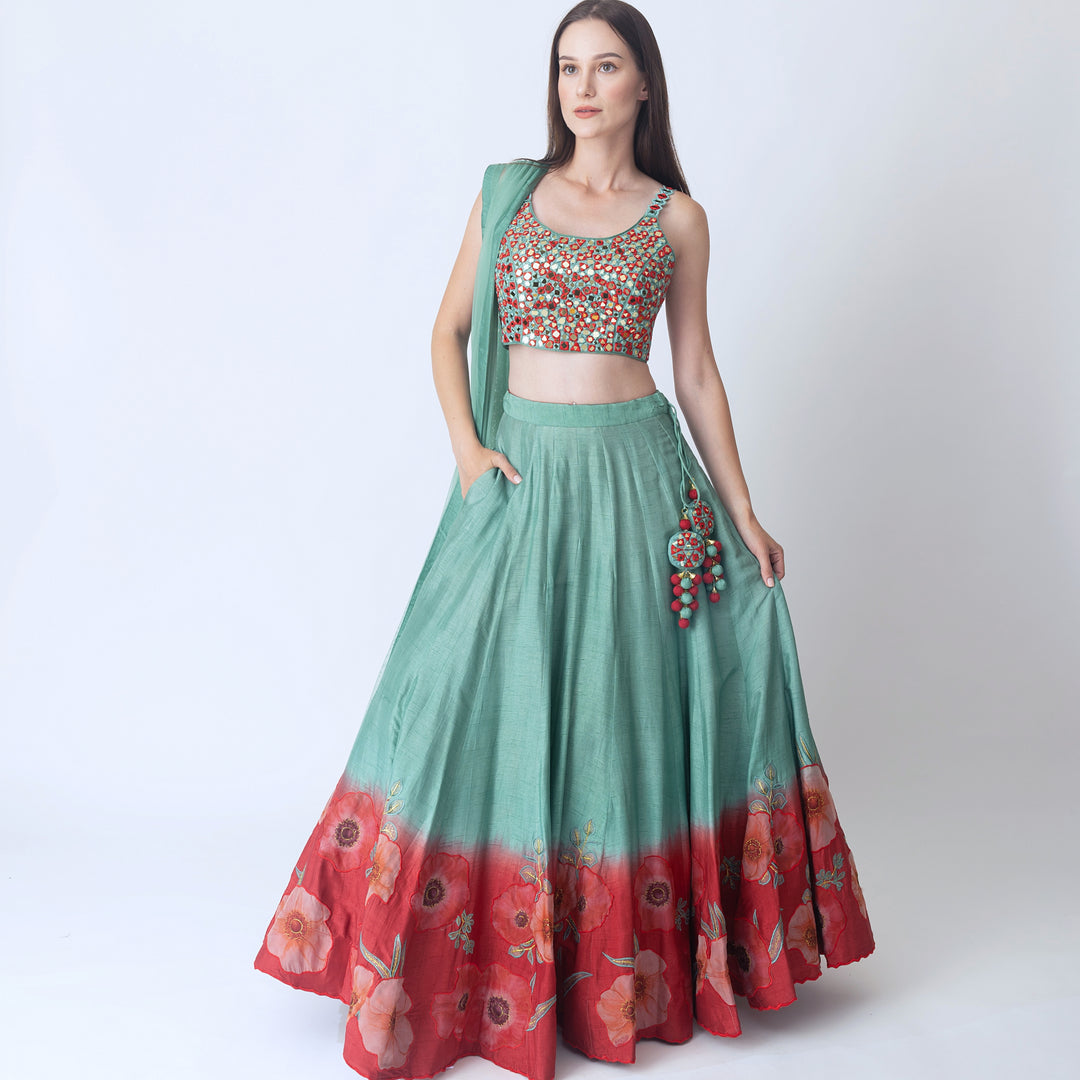 Ava Mint Green Lehenga with Embroidered Blouse and Dupatta