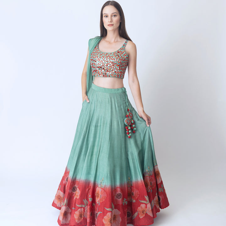 Ava Mint Green Lehenga with Embroidered Blouse and Dupatta