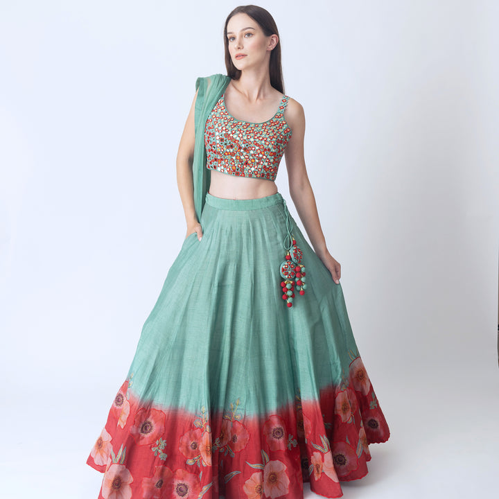 Ava Mint Green Lehenga with Embroidered Blouse and Dupatta