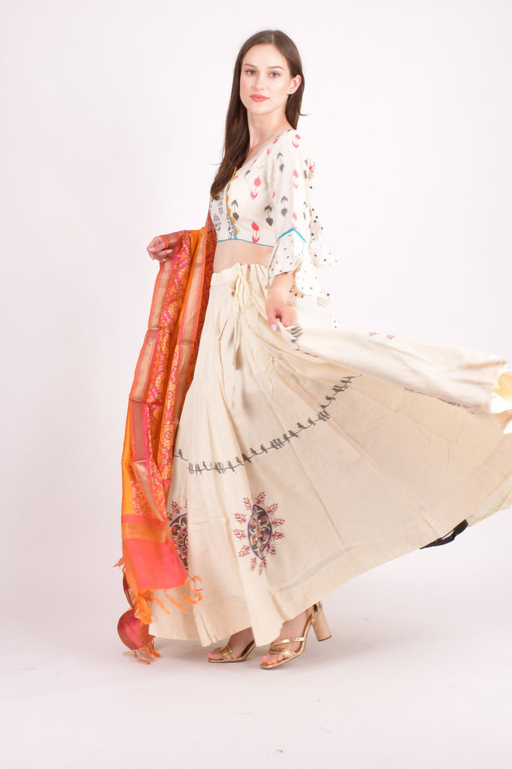 Off white cotton silk chaniya choli set