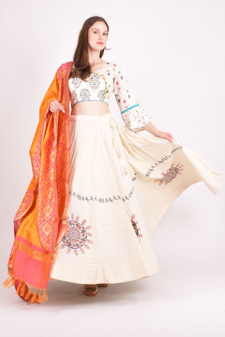 Off white cotton silk chaniya choli set