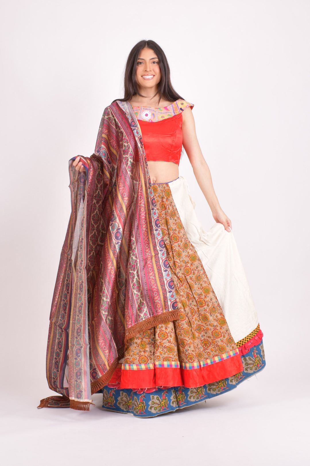 Multi color cotton layered chaniya choli set