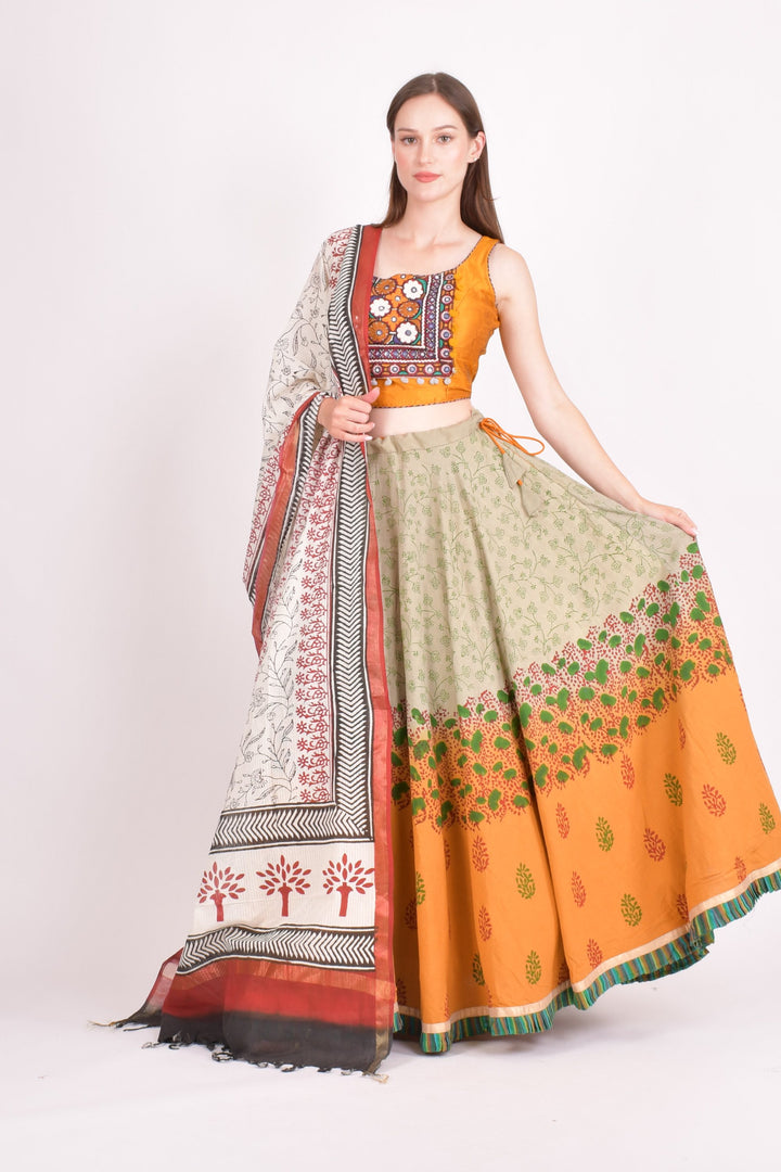 Multi color cotton hand block chaniya choli set